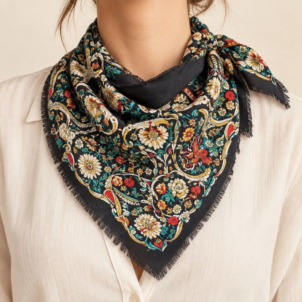 Vintage Black Floral Paisley Scarf Headscarf Bandana Boho Challis by Berkshire